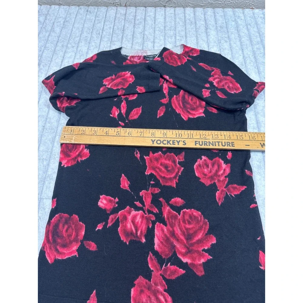 Talbots Petites Black Red Rose Floral Pure Merino Wool Sweater Crew Neck P 08/12